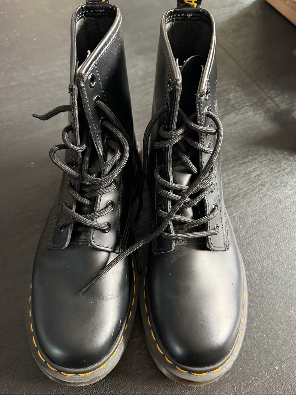 Dr. Martens Black Leather Combat Boots with Yellow Stitching